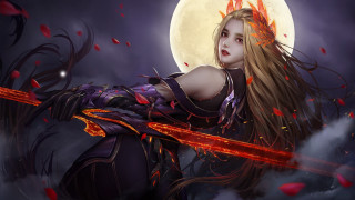 Woman sword fullmoon cherryblossoms night - red leaf free wallpaper