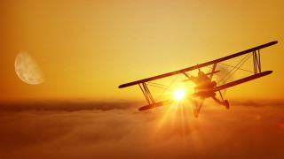 Plane sunset clouds moon horizon - a half moon free wallpaper