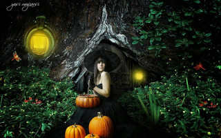 Gothic fantasy woman pumpkins lanterns - a lantern free wallpaper for desktop