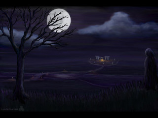 Creepy tree castle night full - matte fantasy painting free wallpaper