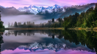 Mountain lake reflection misty sky - mystical free wallpaper for desktop