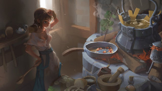Woman cooking kitchen stove food - bayard wu free wallpaper