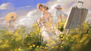 Three women flower field suitcase - three woman free wallpaper
