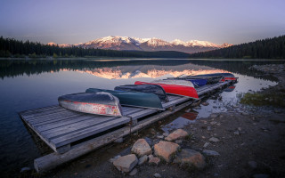 Dock boats mountains sunset nature - tranquil free wallpaper