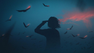 Person bird flock red light - dystopian art free wallpaper