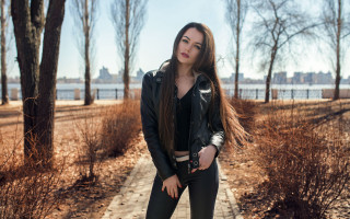 Woman black leather jacket park - a black leather jacket free wallpaper