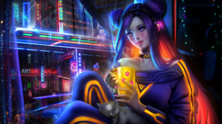 Neon city woman coffee cyberpunk - cyberpunk style free wallpaper