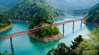 Red bridge train mountains forest - a train free wallpaper