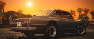 Sunset palm trees car road - a yellow sky free wallpaper