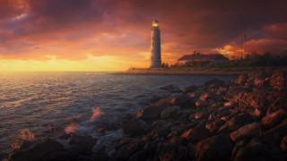 Lighthouse rocky shore sunset bird - a sunset in the background and a bird free wallpaper