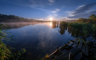 Lake dock boat sunset mountains - lake free wallpaper for desktop
