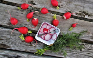 Radishes knife wooden table stilllife - claire dalby free wallpaper