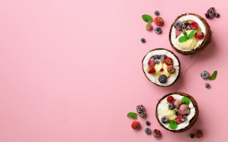 Coconuts berries leaves pink background - fruit free wallpaper