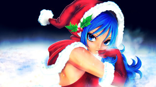 Cartoon girl blue hair santa - a snow background free wallpaper