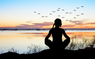 Woman yoga birds sunset lake - overhead in the background free wallpaper