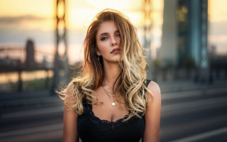 Blonde woman bridge sunset bokeh - long blonde hair free wallpaper