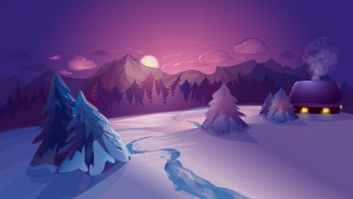 Snowy landscape cabin trees night - a snowy landscape free wallpaper