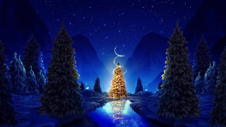 Christmas tree night sky moon - a crescent moon free wallpaper