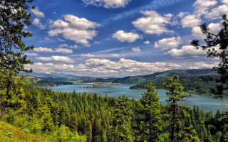 Lake mountains trees sky clouds - scenic free wallpaper