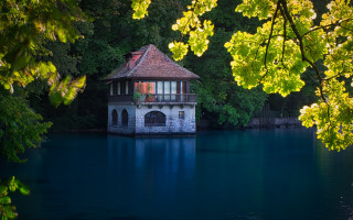 Enchanted lakehouse gazebo forest nature - top of a lake free wallpaper