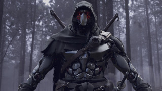 Hooded suit man swords forest - unreal engine 5 free wallpaper for desktop