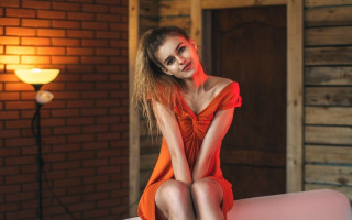 Woman red dress pink couch - a red dress free wallpaper for desktop