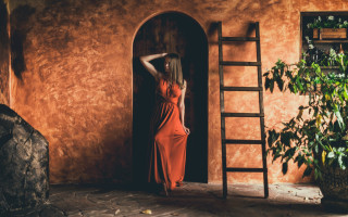Woman red dress doorway ladder - a doorway free wallpaper