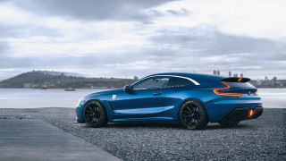 Blue sports car mountain water - a gravel road next free wallpaper