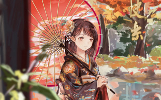 Woman umbrella painting autumn leaves - an umbrella in front free wallpaper