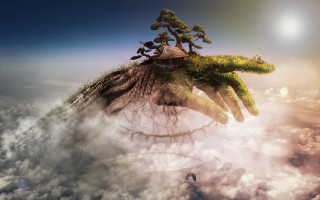 Hand house floating clouds trees - a hand free wallpaper