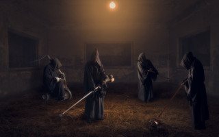 Dark surrealist hunter moonlight children - three person free wallpaper