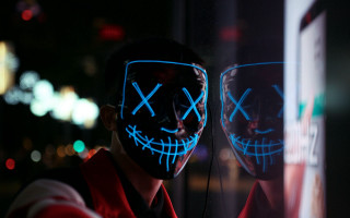 Neon mask man cyberpunk window - adrian zingg free wallpaper