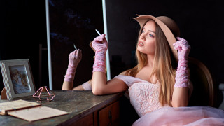 Woman pink dress smoking gloves - a cigarette free wallpaper