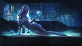 Futuristic city woman glass ball - a futuristic city in the background free wallpaper