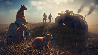 Animals field vehicle man dog - field next free wallpaper