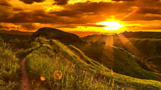 Sunset grassy hill path mountain 2 - a sunbeam free wallpaper