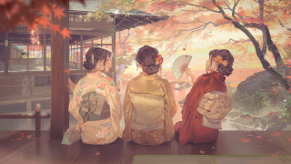 Three women kimono autumn flowers - kimono free wallpaper