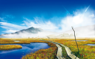 Marshy road mountain foggy sky - foggy free wallpaper