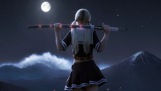 Woman mountain fullmoon ski pole - a full moon in the sky free wallpaper for desktop