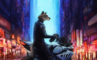 Man motorcycle city dog cyberpunk - a painting of a man riding free wallpaper