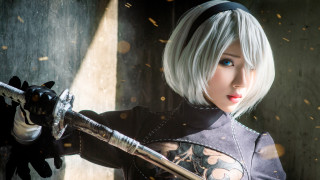 Woman sword neogeo cosplay robot - a sword in a room free wallpaper