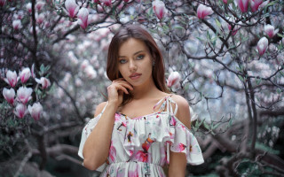 Woman pinkflowers portrait nature spring - branch free wallpaper for desktop