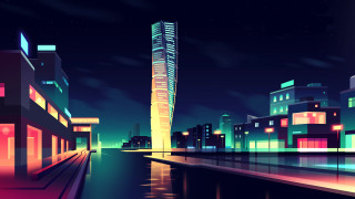 City night river tower cyberpunk - a tall building in the background free wallpaper