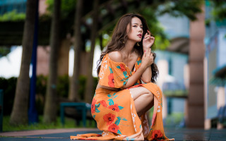 Woman dress bench cigarette portrait - her mouth free wallpaper