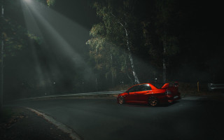 Red car night forest city - dark atmosphere free wallpaper
