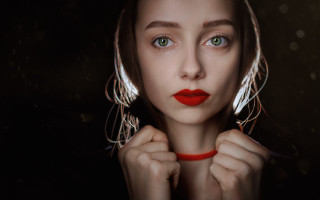 Woman red lipstick hoop earrings - white circle free wallpaper