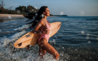 Pink swimsuit surfboard beach palm - pink free wallpaper