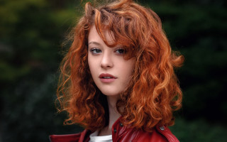 Red haired woman red jacket 2 - a green bush free wallpaper