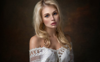 Blonde woman white dress portrait - a black backdrop free wallpaper