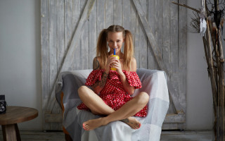 Woman sitting beverage blonde curtains - a straw free wallpaper